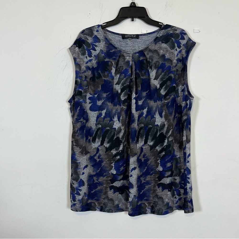Kasper ladies blouse 2xl blue, black and white keyhole, neck line sleeveless